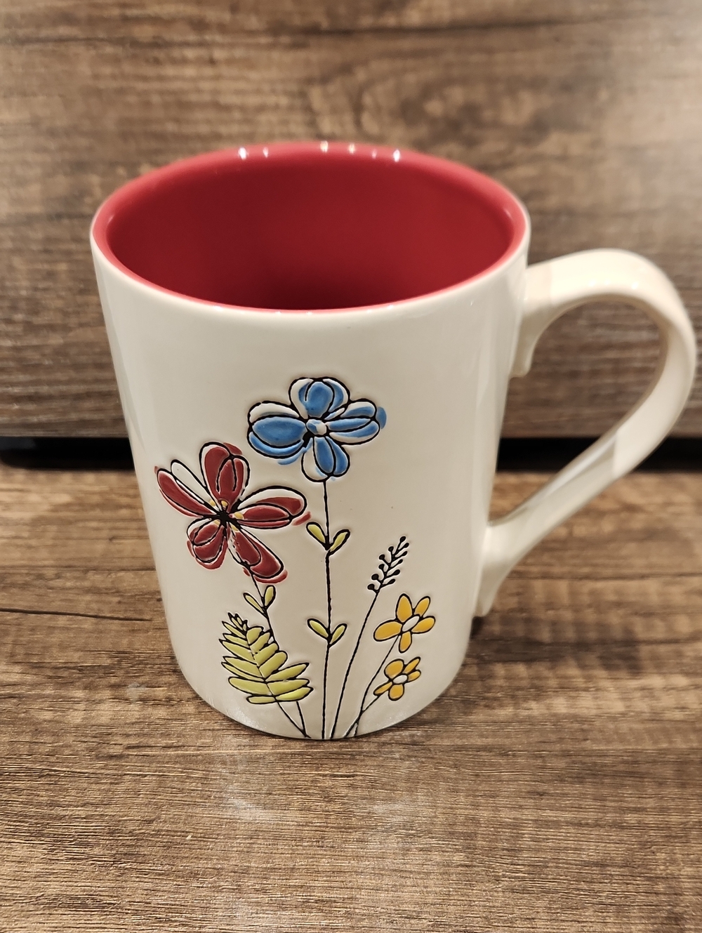 Tag White Ceramic Mug with Red Interior and Multicolor Floral Design